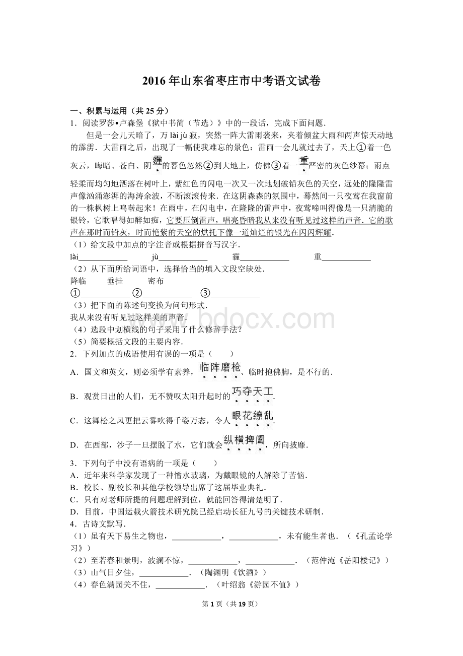 山东省枣庄市中考语文试卷解析版.doc