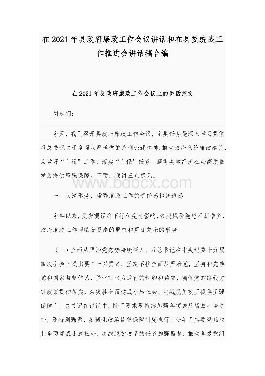 在2021年县政府廉政工作会议讲话和在县委统战工作推进会讲话稿合编.docx