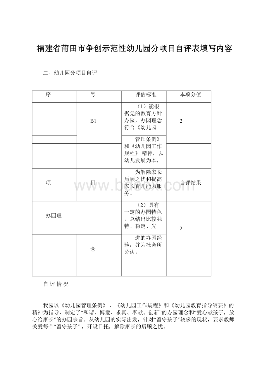 福建省莆田市争创示范性幼儿园分项目自评表填写内容.docx