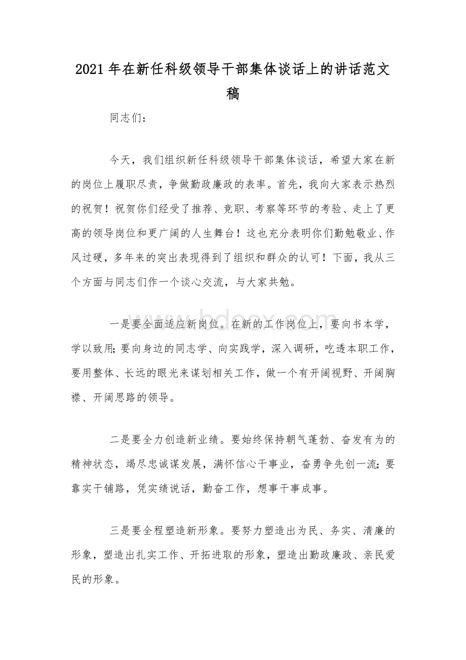 2021年在新任科级领导干部集体谈话上的讲话范文稿.docx