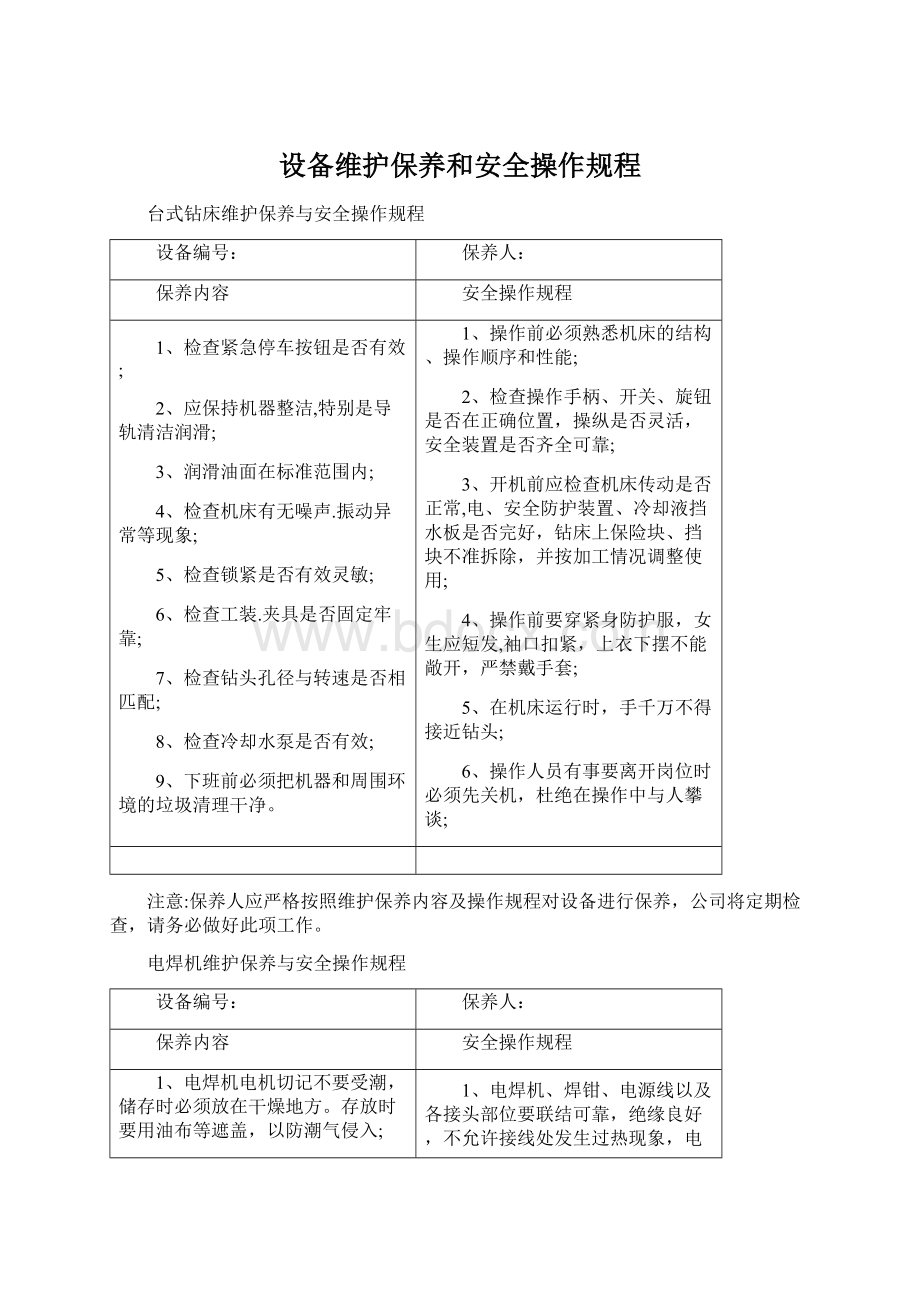 设备维护保养和安全操作规程Word文档格式.docx_第1页