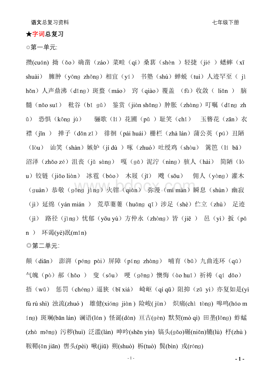 人教版七年级语文下册期末总复习资料(全)Word格式.doc