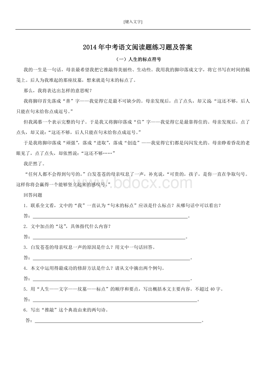 中考语文阅读题练习题及答案.docx