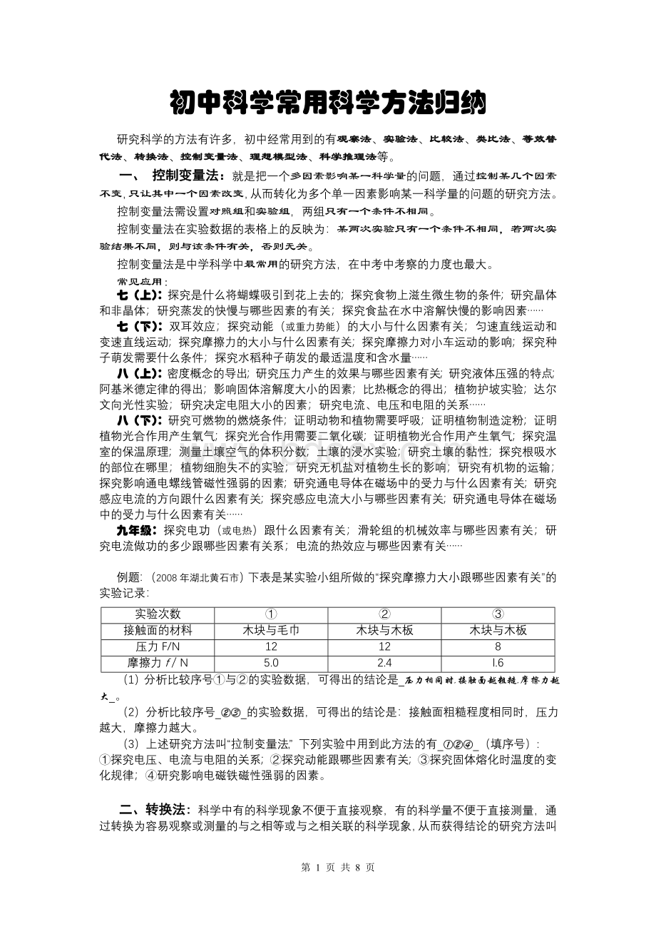 初中科学常用科学方法归纳Word下载.doc_第1页