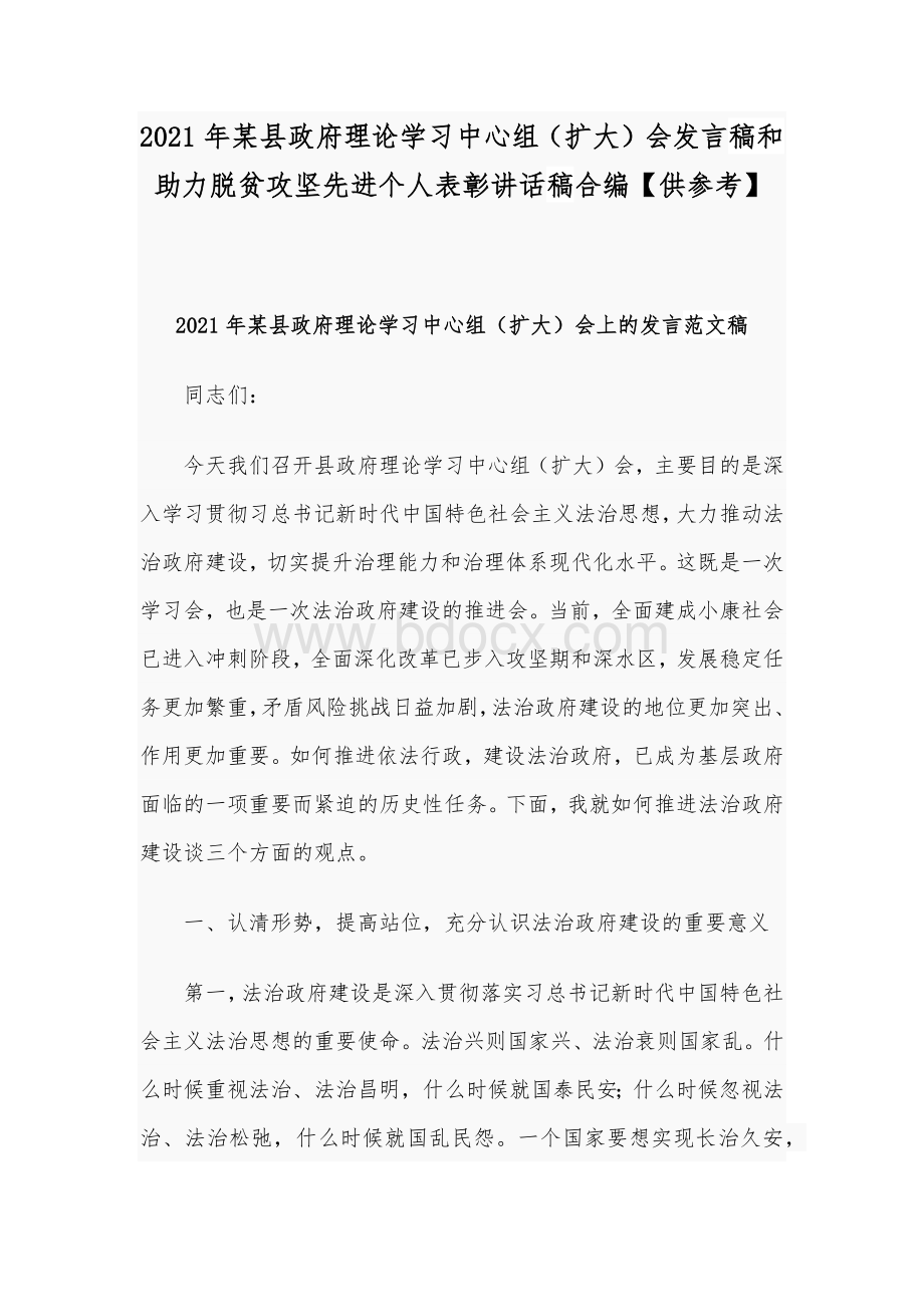 2021年某县政府理论学习中心组（扩大）会发言稿和助力脱贫攻坚先进个人表彰讲话稿合编【供参考】Word下载.docx_第1页