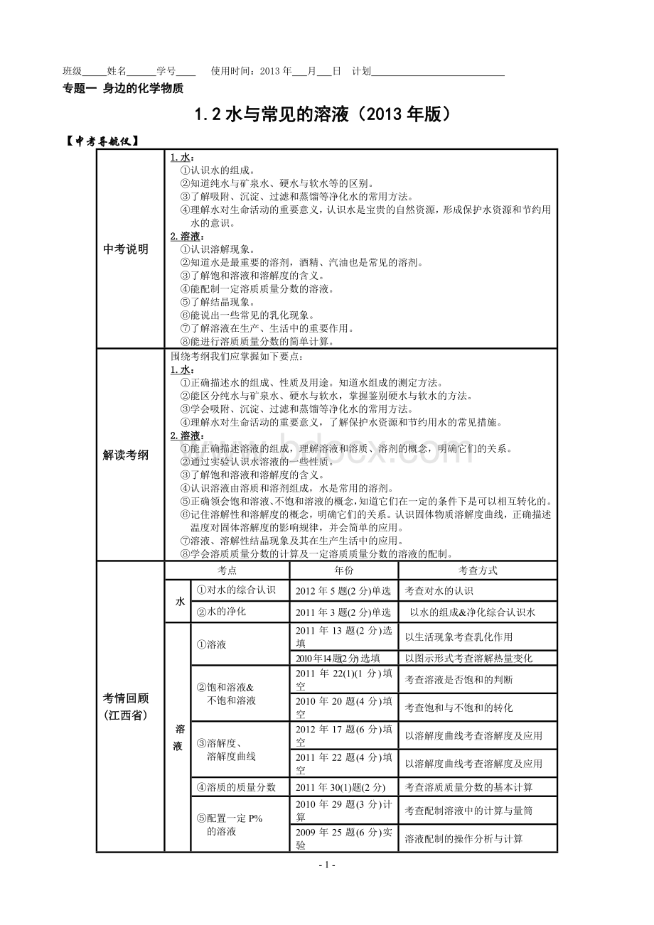 中考化学专题复习：水与常见的溶液(2013年版)Word格式文档下载.doc_第1页