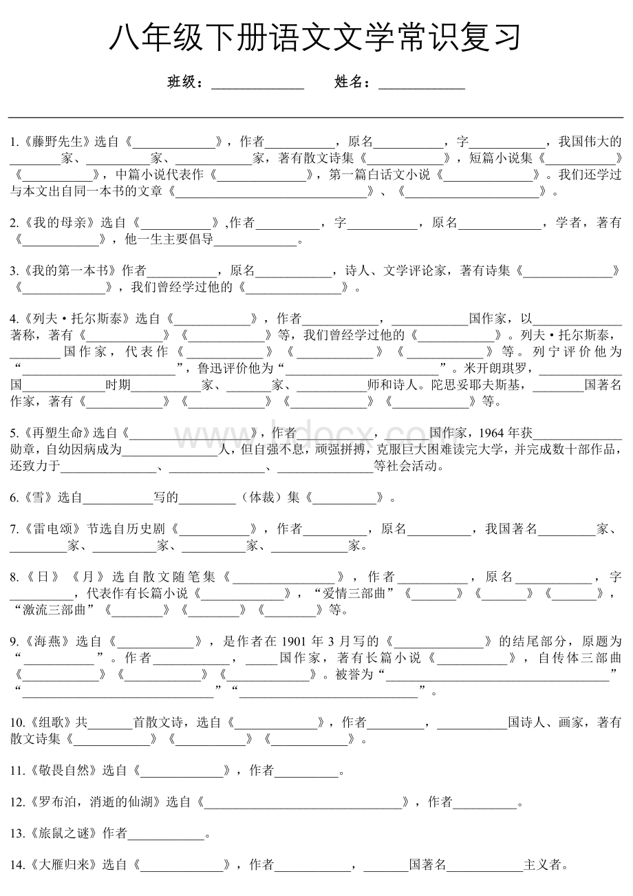 人教版语文八年级下册文学常识复习Word下载.doc_第1页