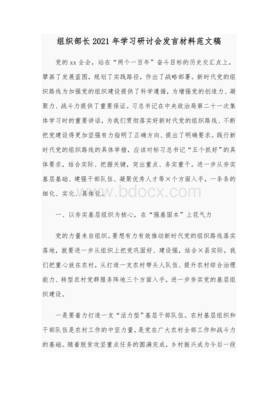 组织部长2021年学习研讨会发言材料范文稿.docx