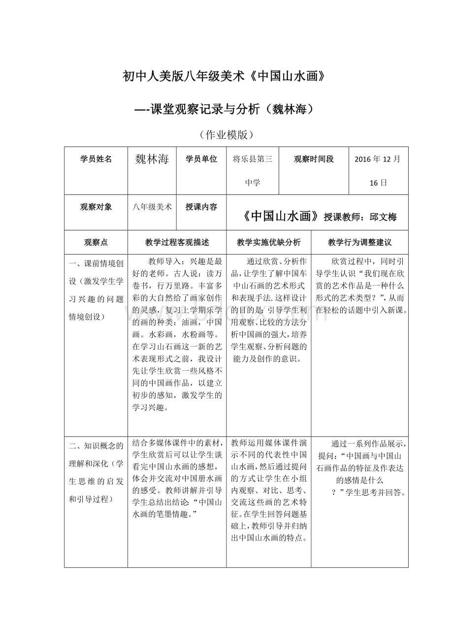 初中人美版八年级美术《中国山水画》-课堂观察记录与分析(魏林海)文档格式.doc