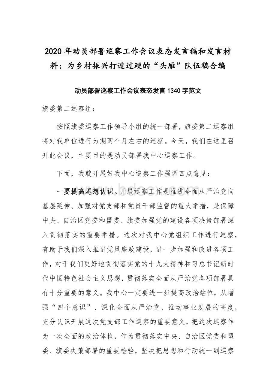 2020年动员部署巡察工作会议表态发言稿和发言材料：为乡村振兴打造过硬的“头雁”队伍稿合编.docx_第1页