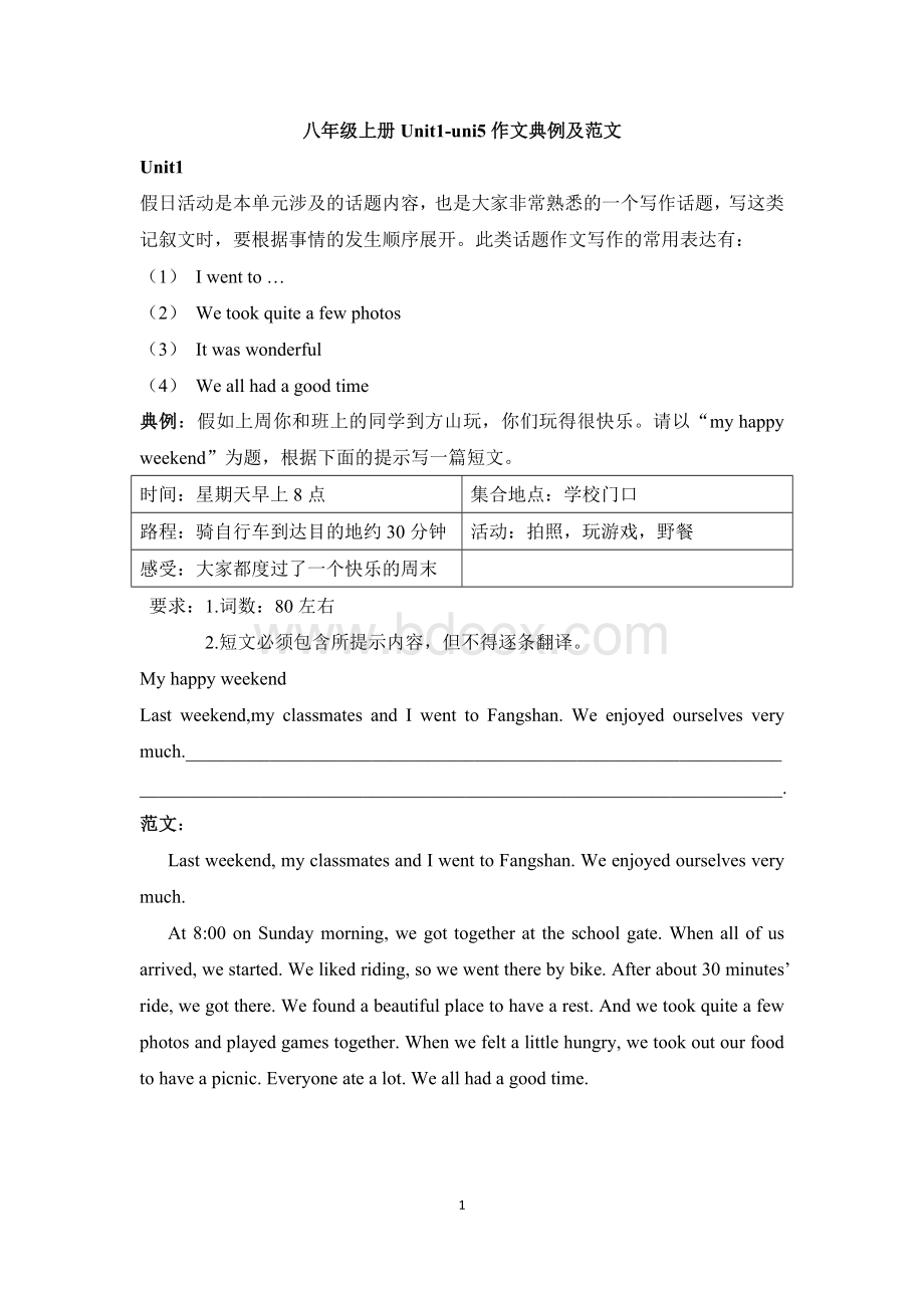 八年级上册英语1-5单元作文范文Word格式文档下载.docx