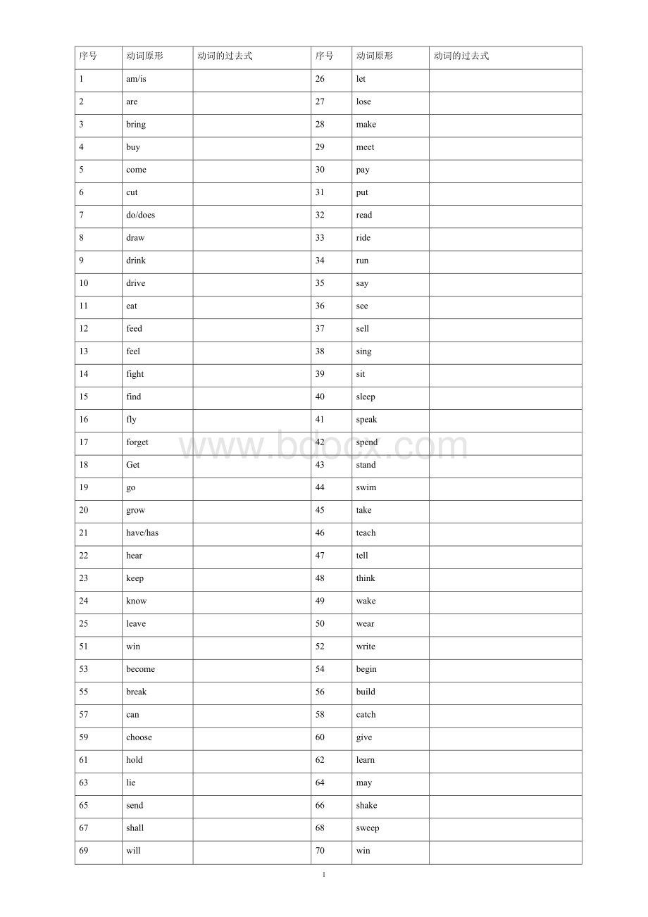 2017外研版初一英语动词过去式不规则变化检测表Word文档格式.doc