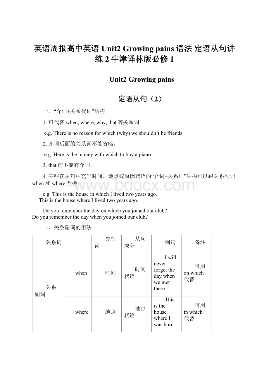 英语周报高中英语 Unit2 Growing pains语法 定语从句讲练2牛津译林版必修1.docx