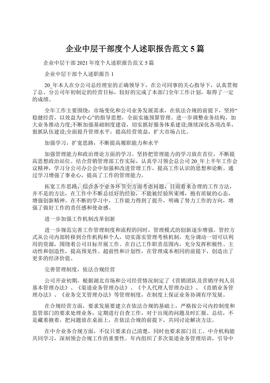 企业中层干部度个人述职报告范文5篇Word格式.docx