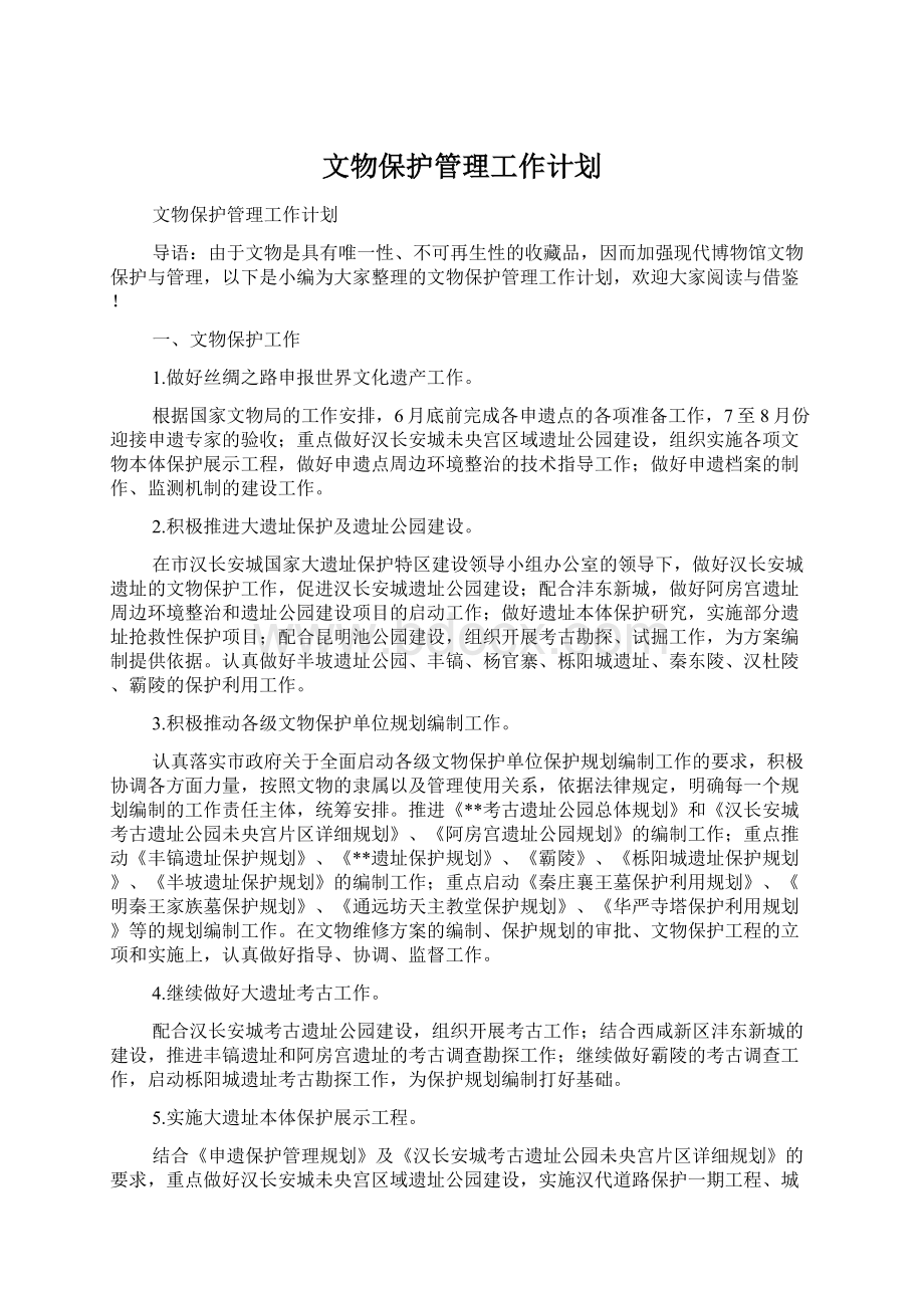 文物保护管理工作计划Word文件下载.docx