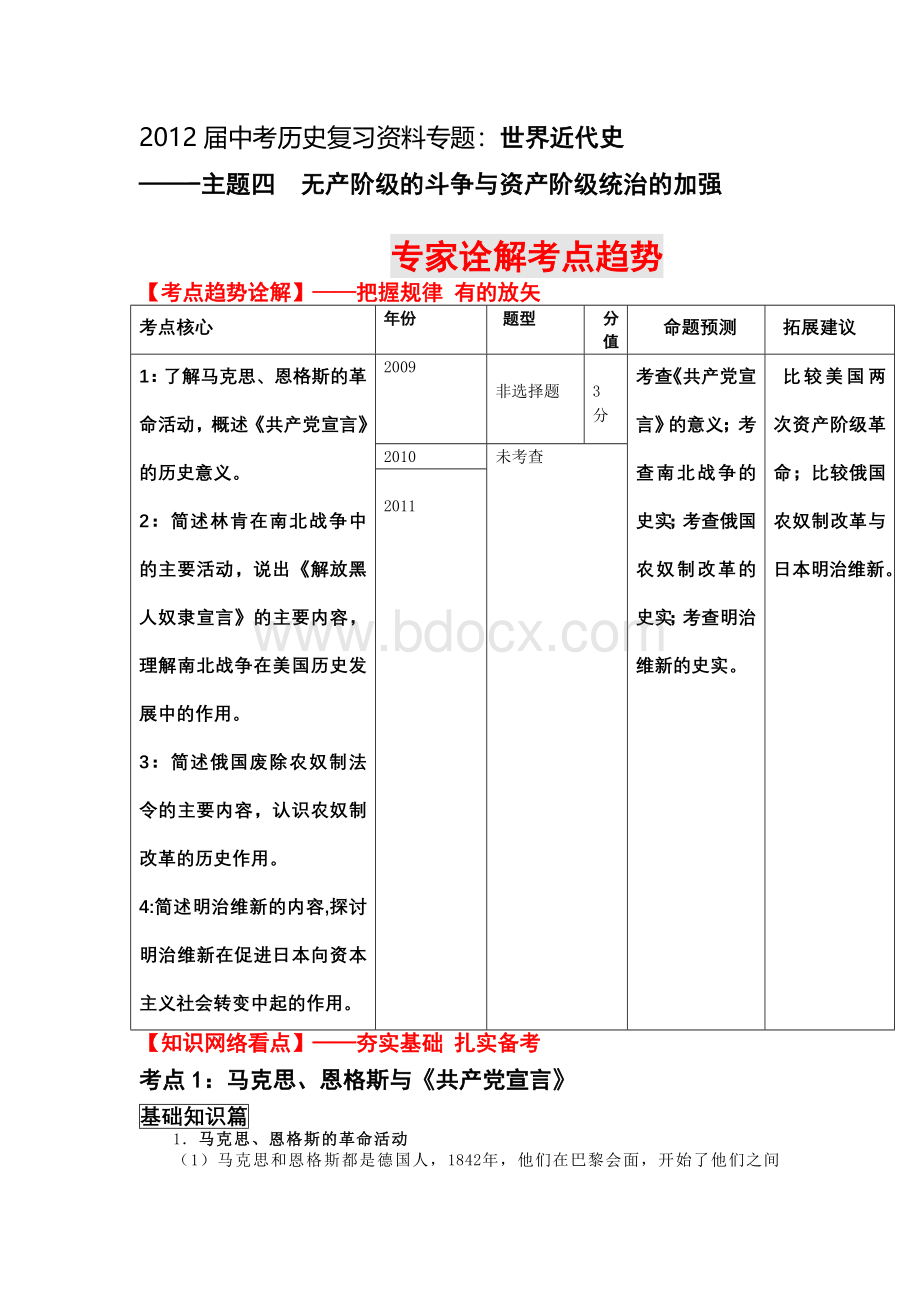 届中考历史复习资料专题世近史主题四无产阶级的斗争与资产阶级统治的加强.doc