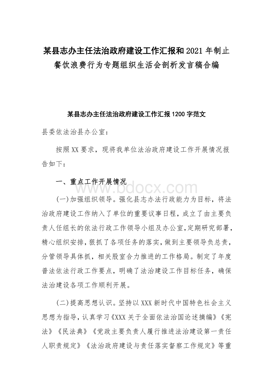 某县志办主任法治政府建设工作汇报和2021年制止餐饮浪费行为专题组织生活会剖析发言稿合编.docx