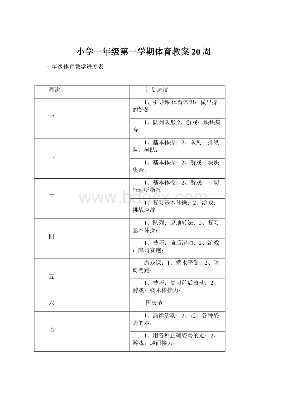 小学一年级第一学期体育教案20周.docx_第1页