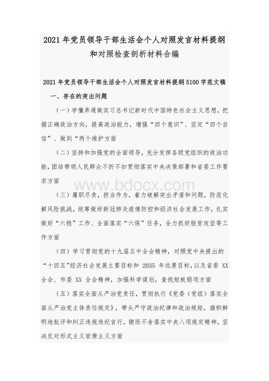 2021年党员领导干部生活会个人对照发言材料提纲和对照检查剖析材料合编文档格式.docx