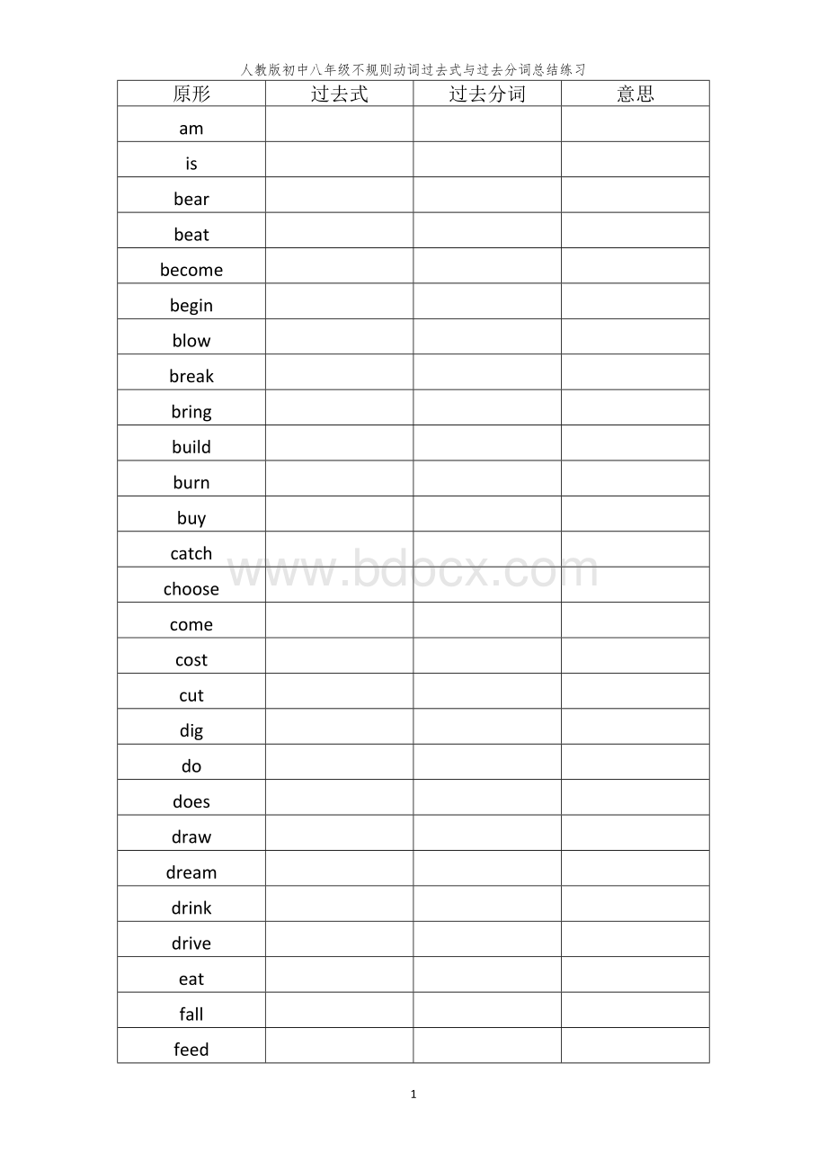 人教版初中八年级不规则动词过去式与过去分词总结练习.doc_第1页