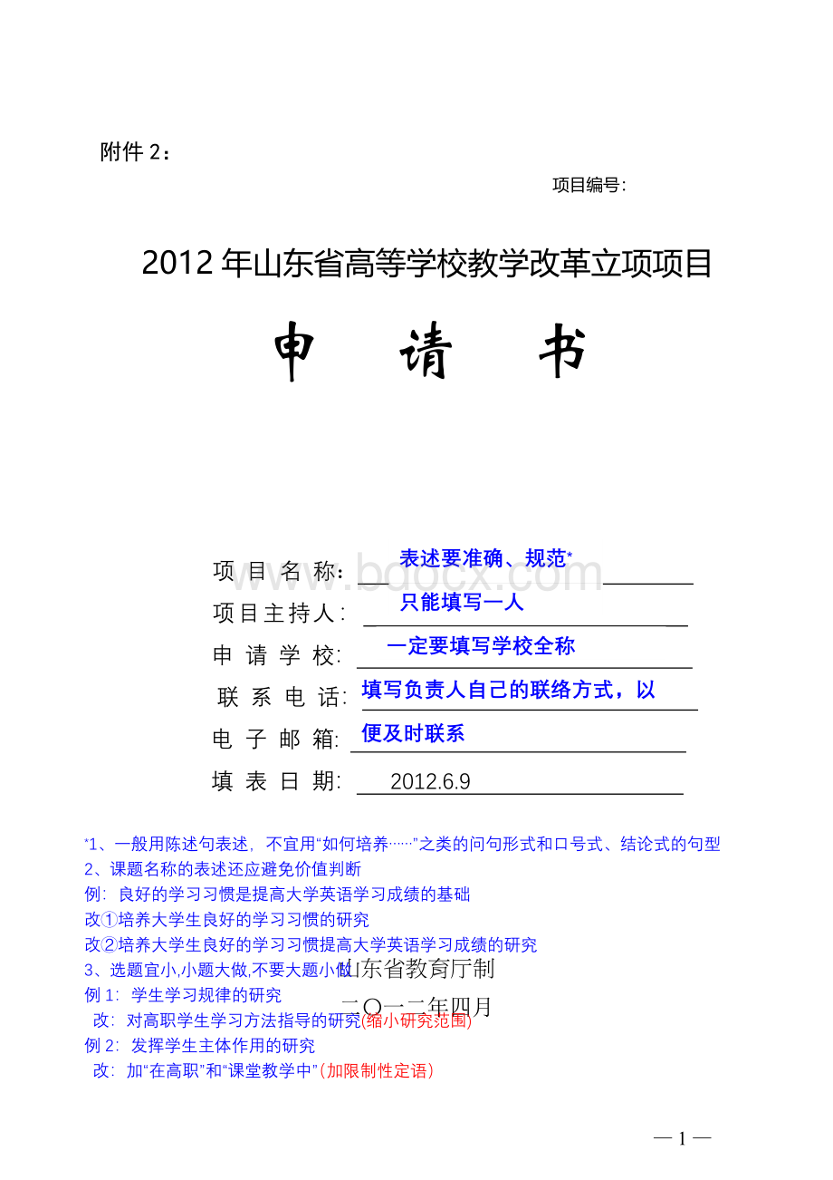 山东省高等学校教学改革立项项目申报书填写技巧文档格式.doc