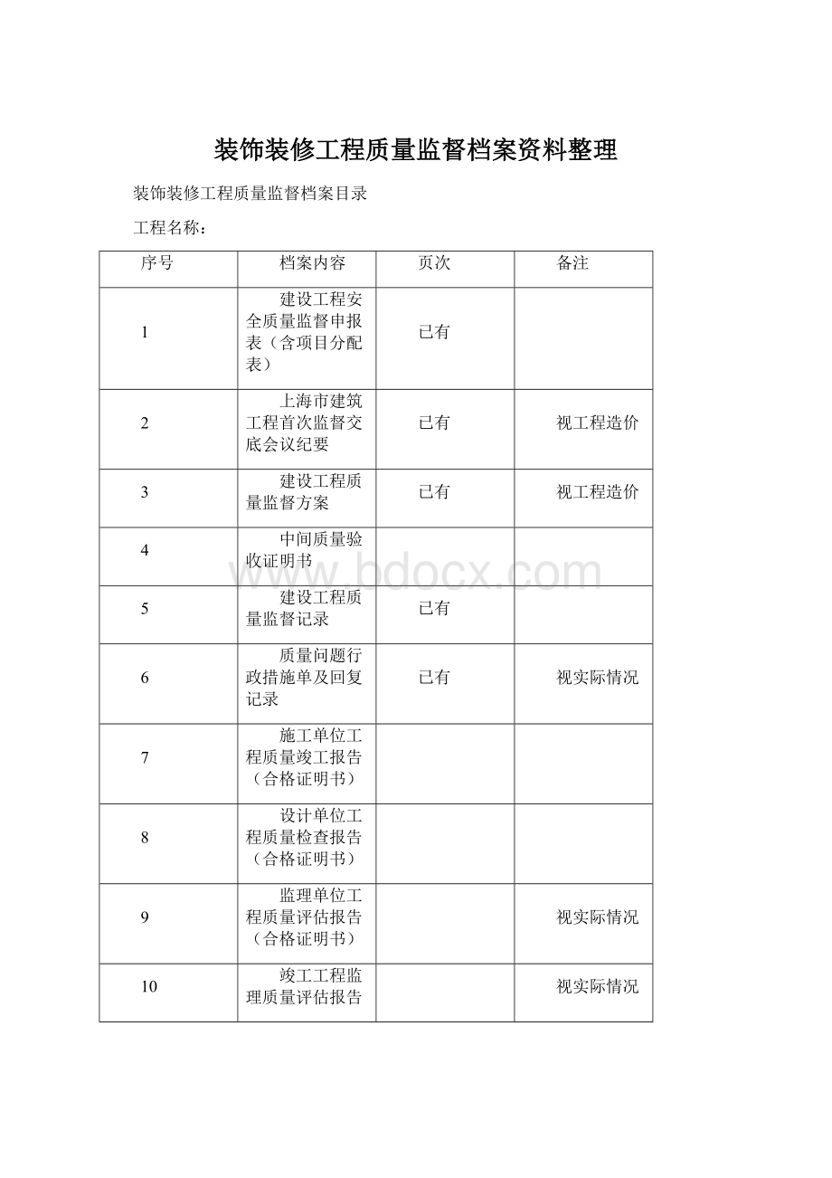 装饰装修工程质量监督档案资料整理Word格式.docx