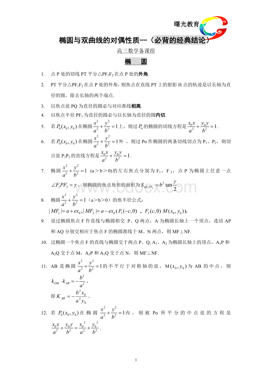 圆锥曲线经典结论总结教师版Word格式文档下载.doc