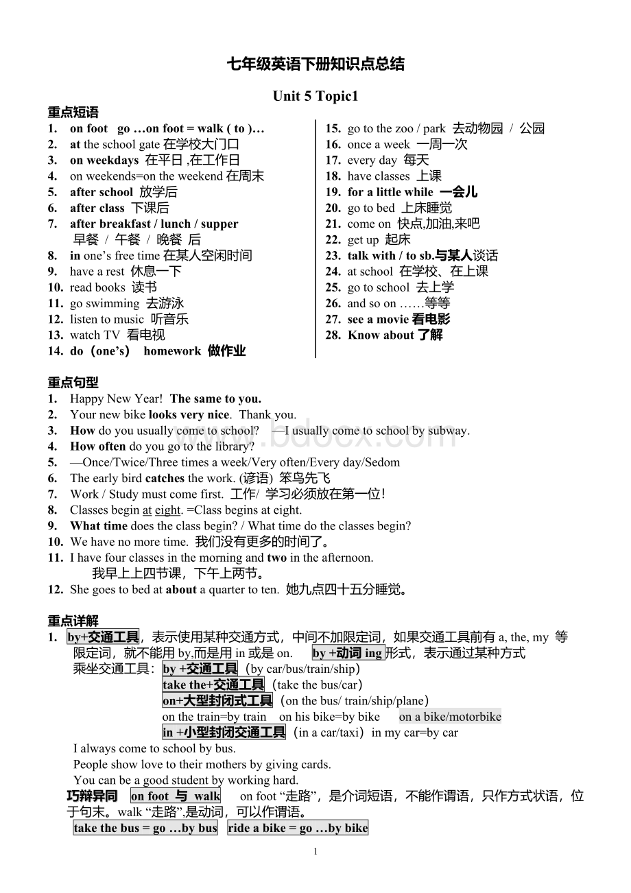 2017年仁爱英语七年级下册知识点总结打印版(A4).doc_第1页