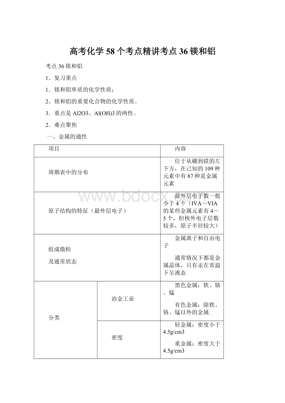 高考化学58个考点精讲考点36镁和铝Word下载.docx_第1页