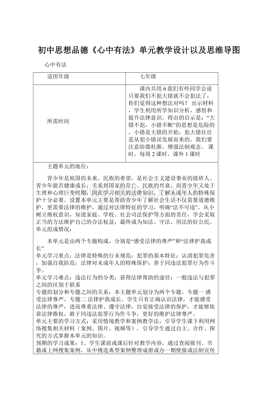 初中思想品德《心中有法》单元教学设计以及思维导图.docx