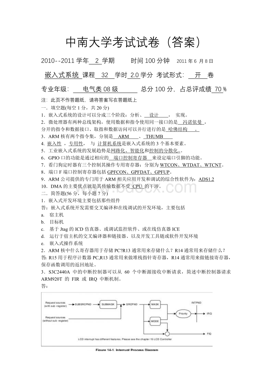 中南大学嵌入式系统考试试卷答案.doc_第1页