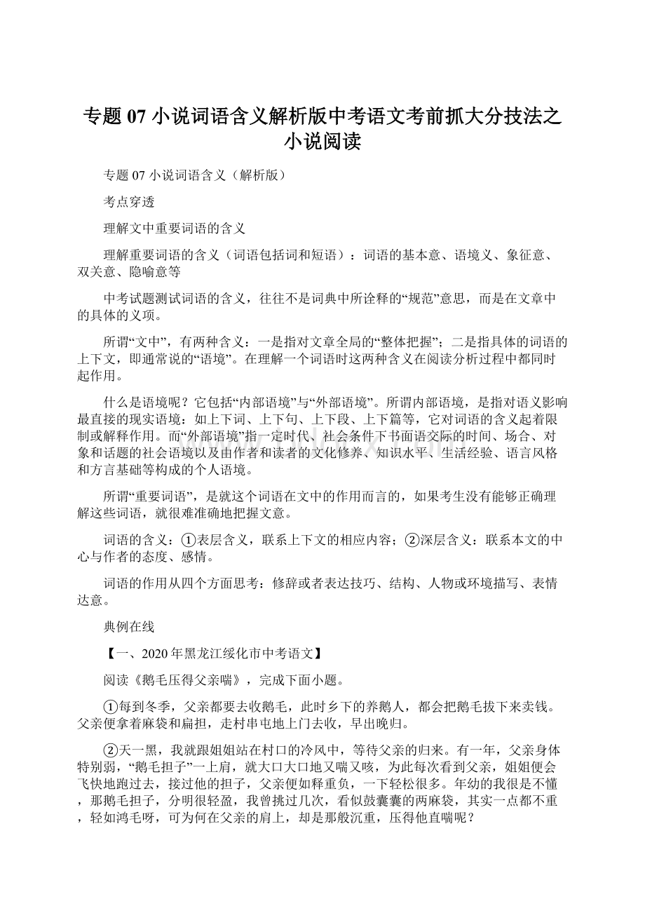 专题07 小说词语含义解析版中考语文考前抓大分技法之小说阅读Word文档格式.docx_第1页