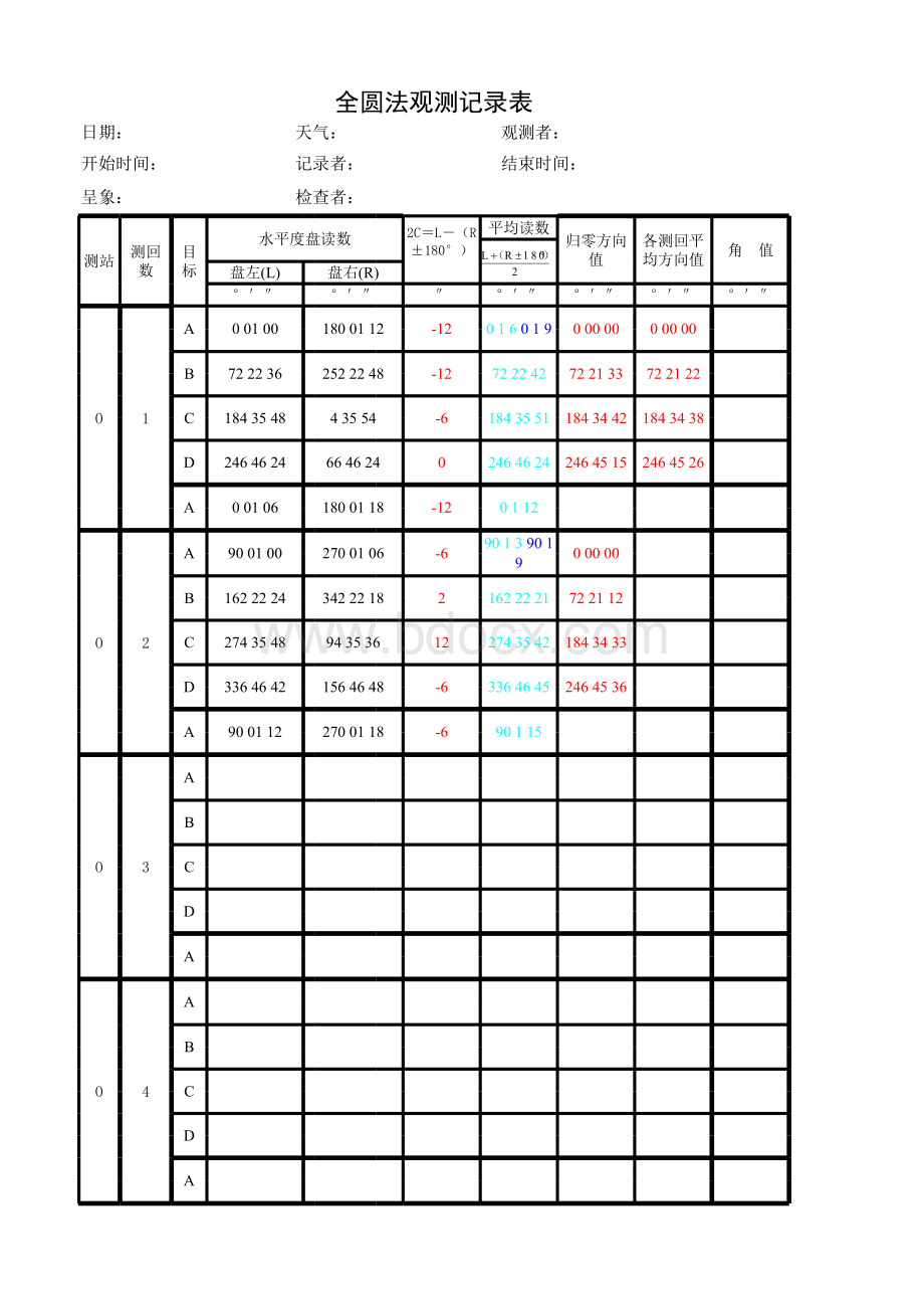 全圆法观测记录与计算表格文件下载.xls