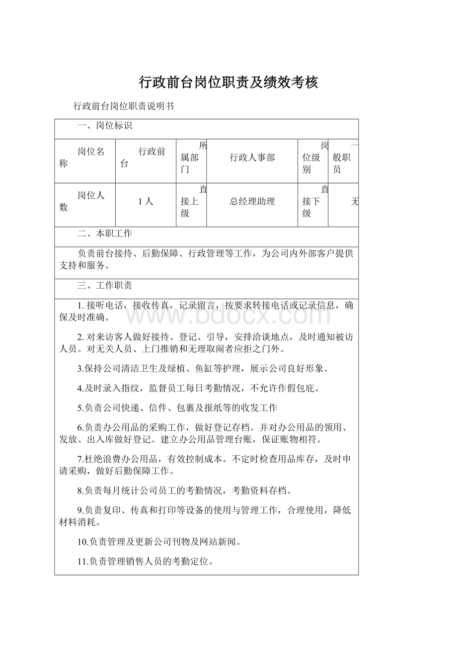 行政前台岗位职责及绩效考核Word格式文档下载.docx_第1页