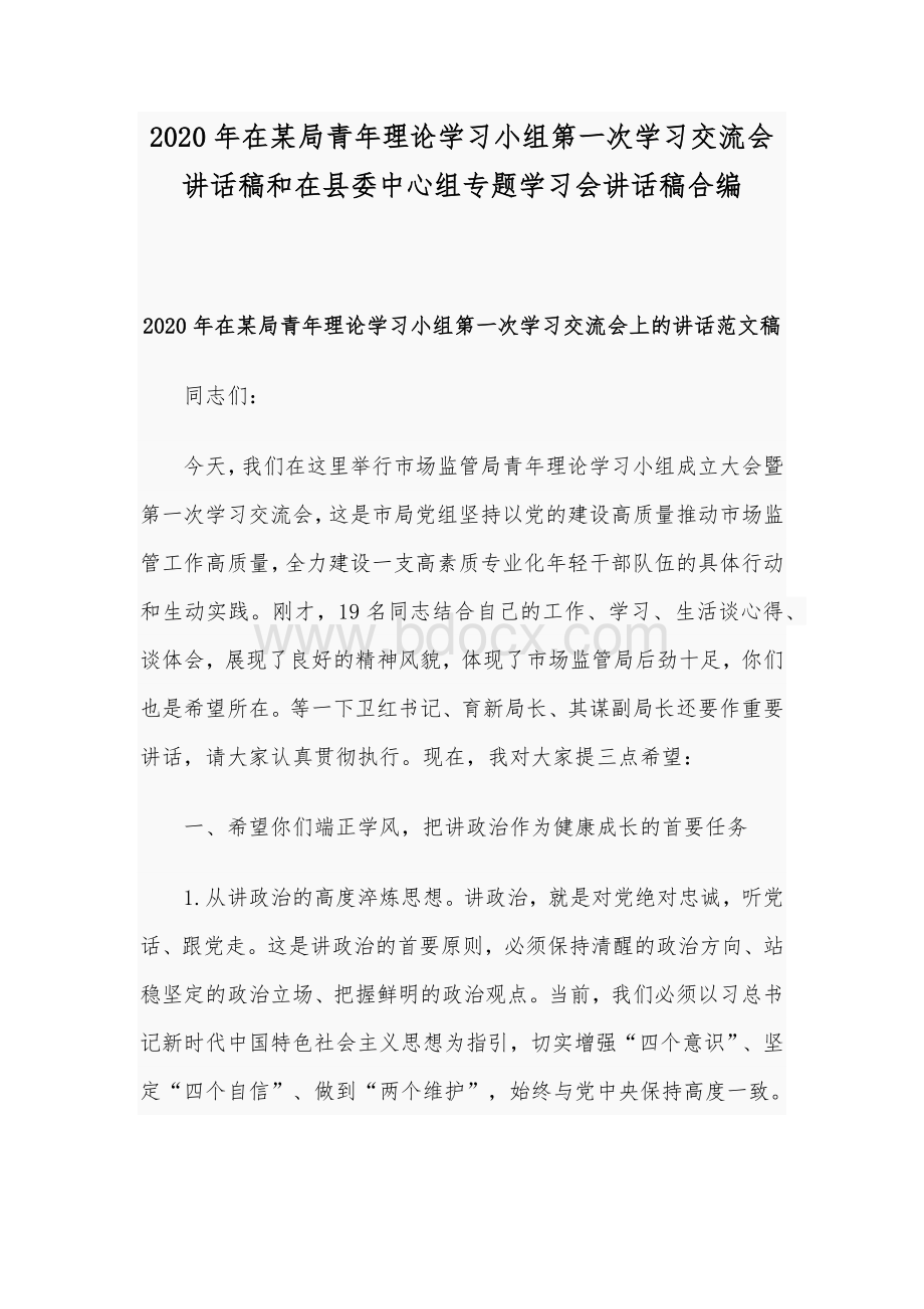 2020年在某局青年理论学习小组第一次学习交流会讲话稿和在县委中心组专题学习会讲话稿合编.docx_第1页