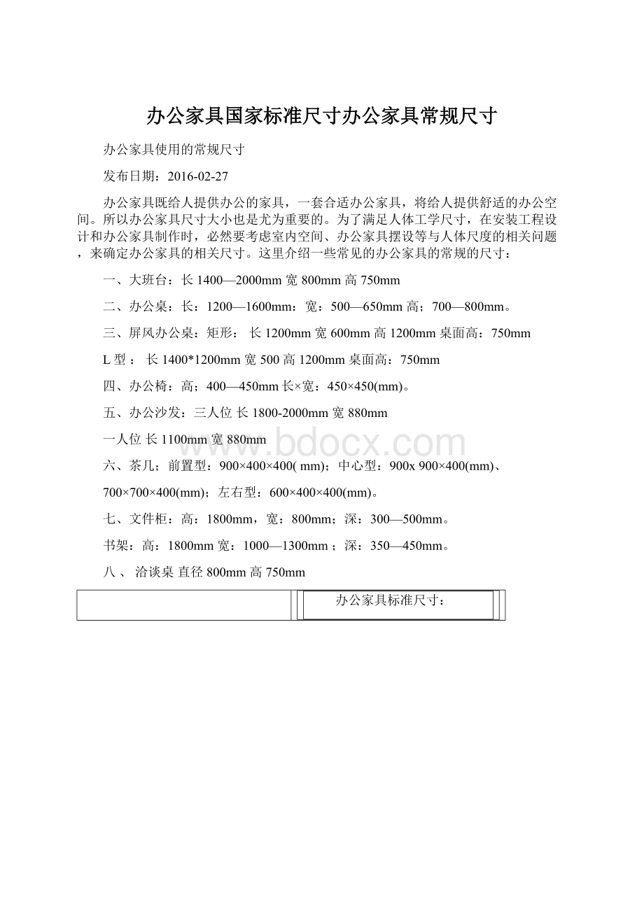 办公家具国家标准尺寸办公家具常规尺寸Word格式.docx_第1页