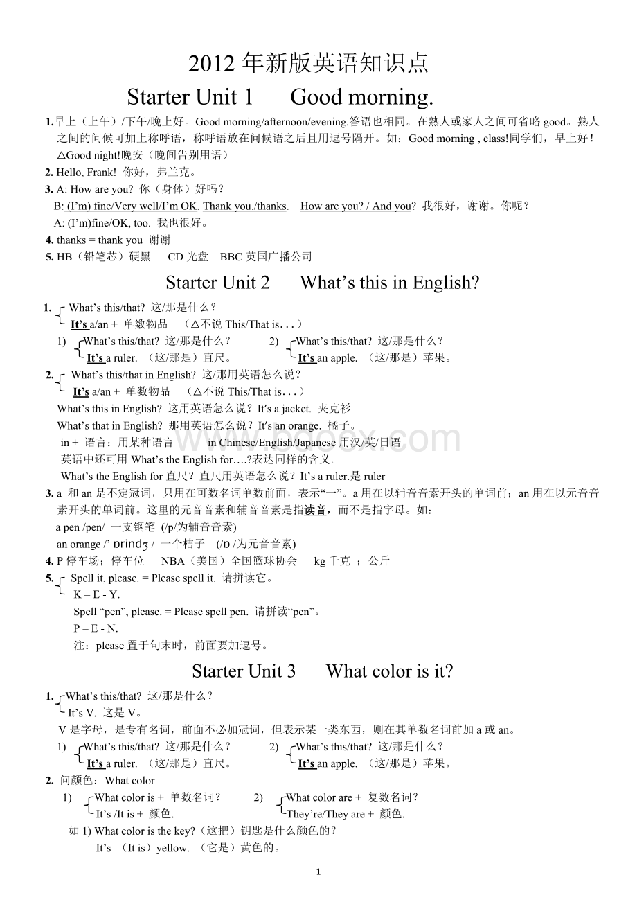 1.2012年新人教版英语七年级上册复习提纲Word格式文档下载.doc