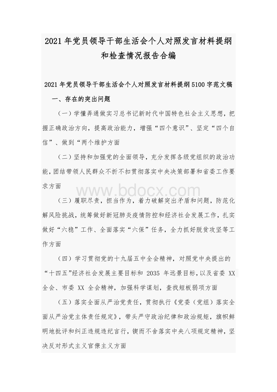 2021年党员领导干部生活会个人对照发言材料提纲和检查情况报告合编Word格式文档下载.docx