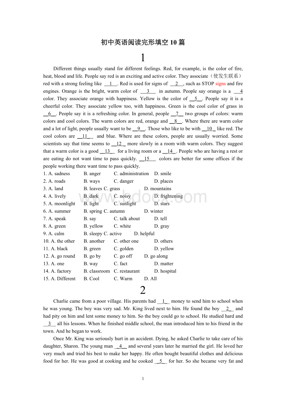 初中英语阅读完形填空10篇及答案Word文档格式.doc