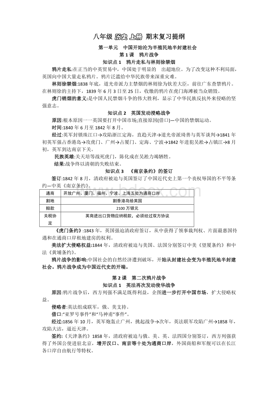 部编人教版八年级历史上册复习提纲.doc