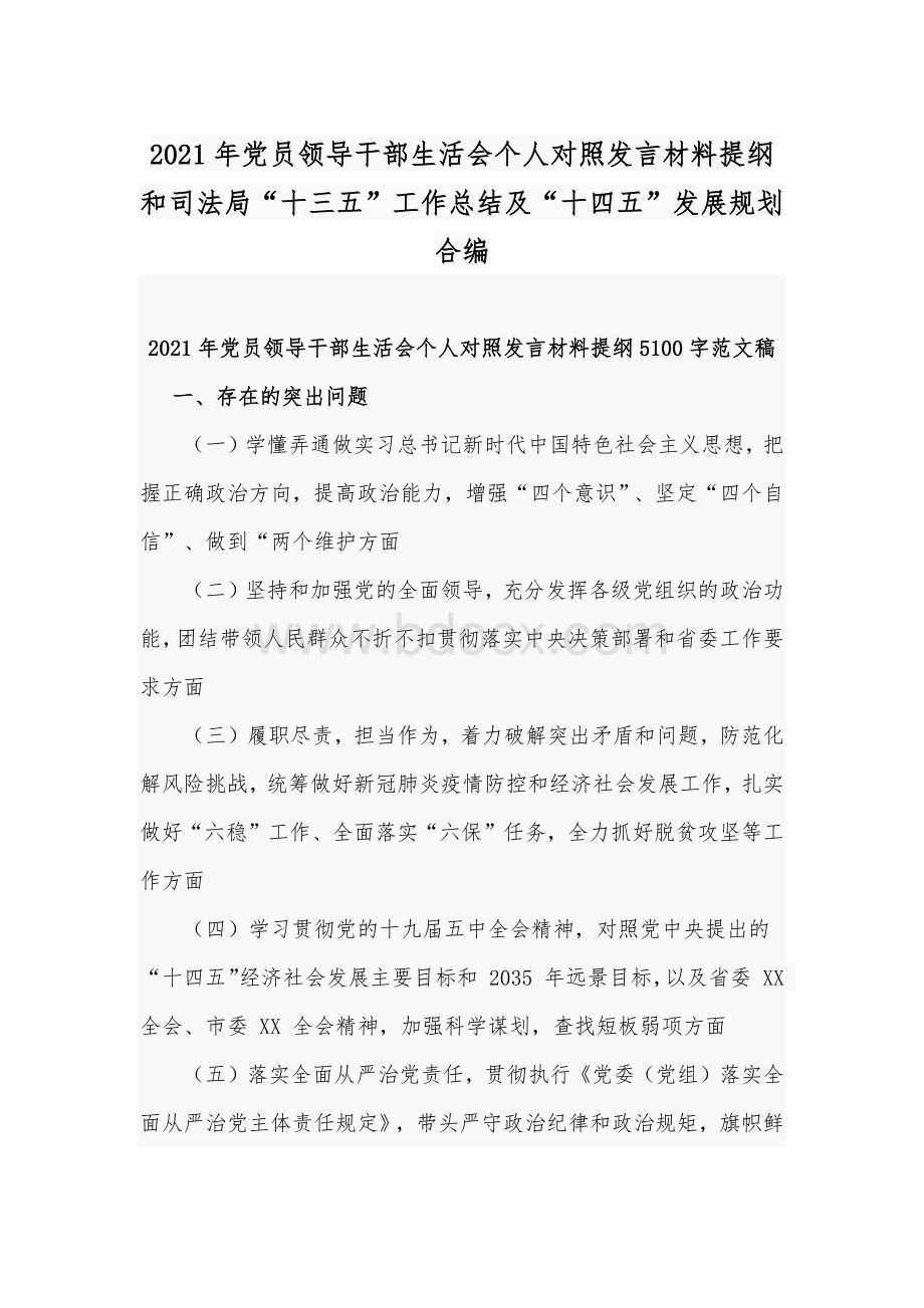 2021年党员领导干部生活会个人对照发言材料提纲和司法局“十三五”工作总结及“十四五”发展规划合编Word文档下载推荐.docx_第1页