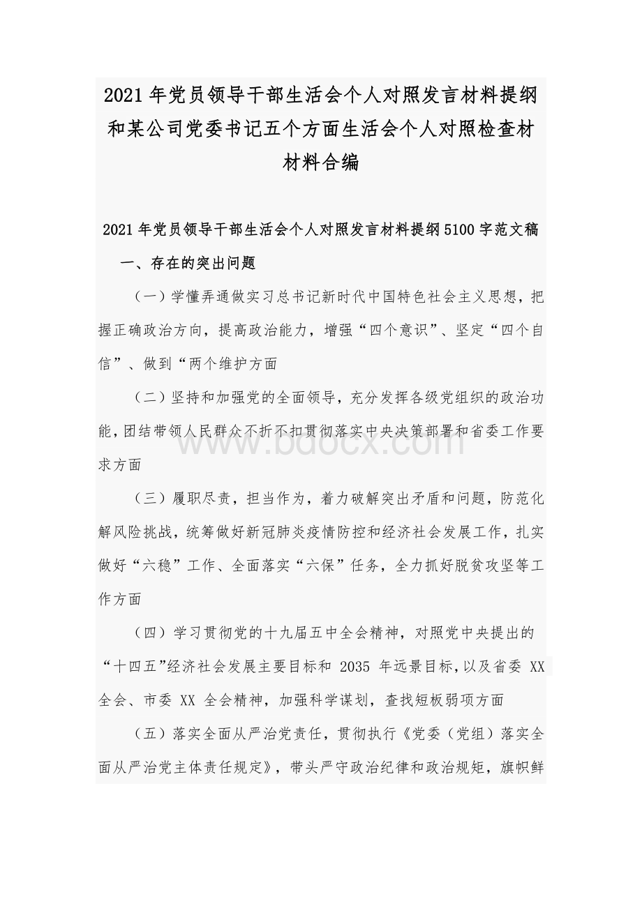 2021年党员领导干部生活会个人对照发言材料提纲和某公司党委书记五个方面生活会个人对照检查材材料合编Word文档下载推荐.docx_第1页