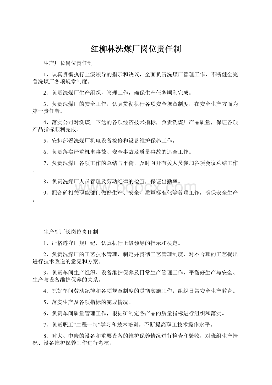 红柳林洗煤厂岗位责任制文档格式.docx_第1页