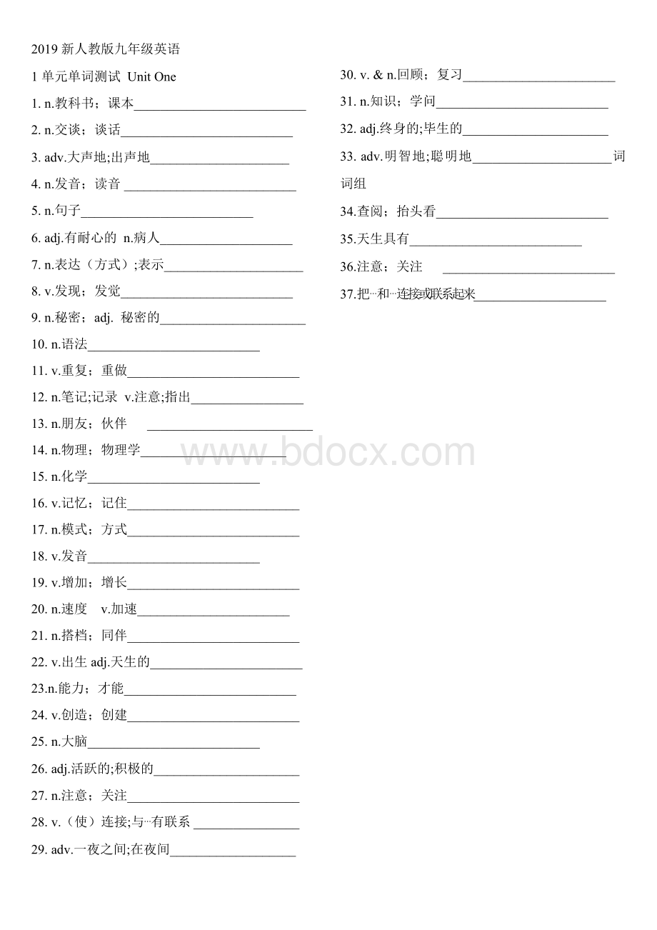 2019新人教版九年级英语1单元单词测试Word文档格式.doc_第1页