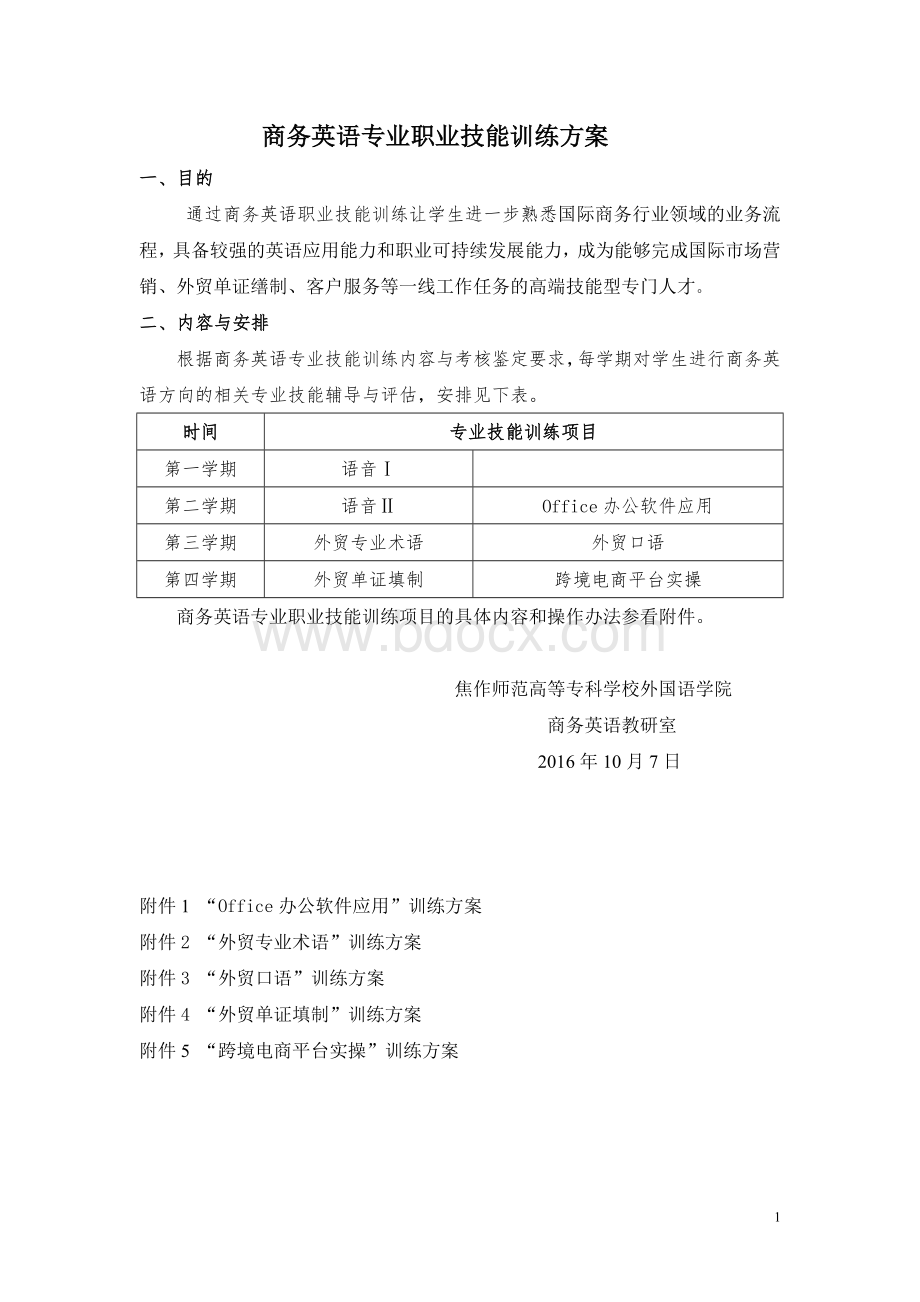 商务英语专业职业技能训练方案(2016.10.7).doc_第1页