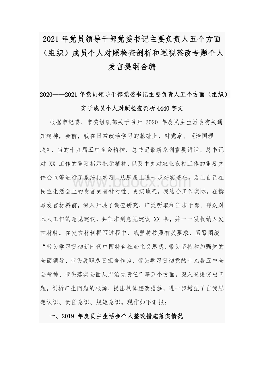 2021年党员领导干部党委书记主要负责人五个方面（组织）成员个人对照检查剖析和巡视整改专题个人发言提纲合编.docx