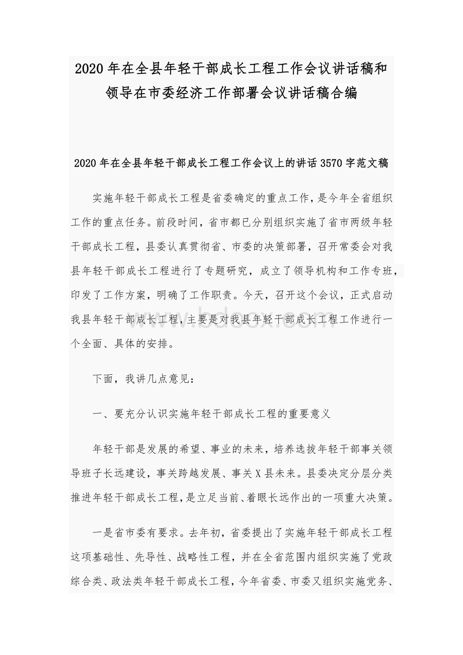 2020年在全县年轻干部成长工程工作会议讲话稿和领导在市委经济工作部署会议讲话稿合编Word文档下载推荐.docx