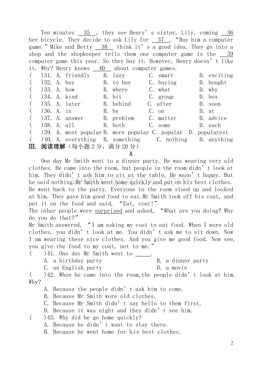 2015八年级上英语新目标unit9单元测试题.doc_第2页