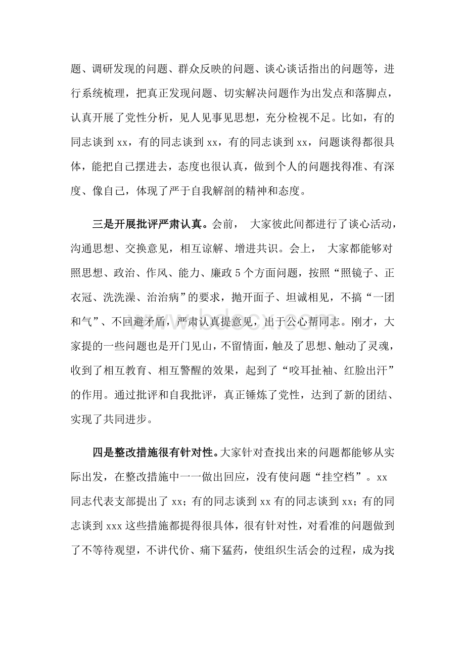 在支行党支部组织生活会上的讲话范文稿Word格式.docx_第2页