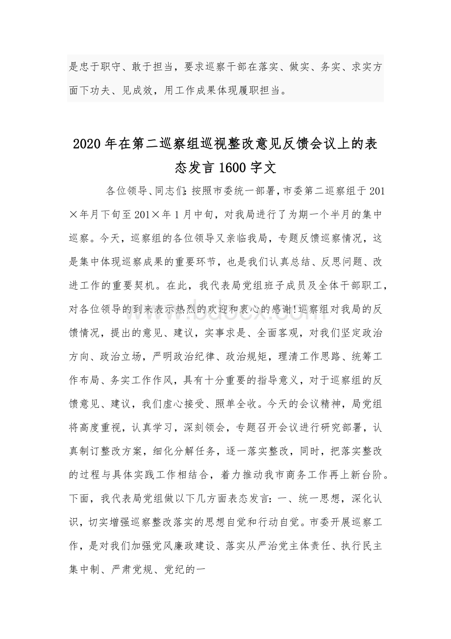 2020年巡察干部专题学习讨论发言材料和在第二巡察组巡视整改意见反馈会议表态发言合编Word格式.docx_第3页